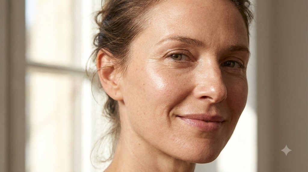 A close-up of a woman s face in the morning showing clear radiant and smooth skin reflecting light softly