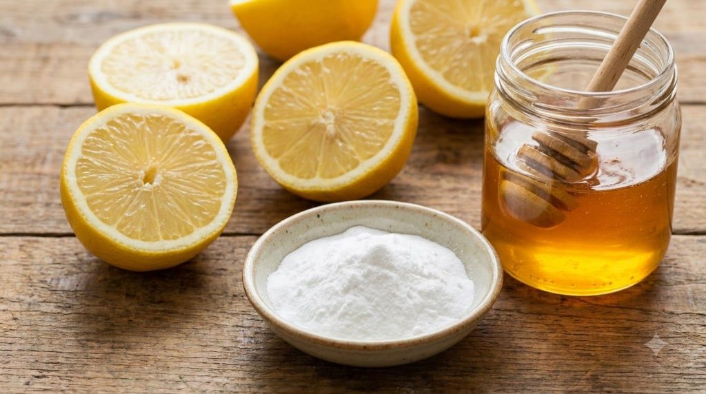 Close-up of fresh lemon halves a small bowl of baking soda and a jar of honey arranged neatly on a wooden counter highli