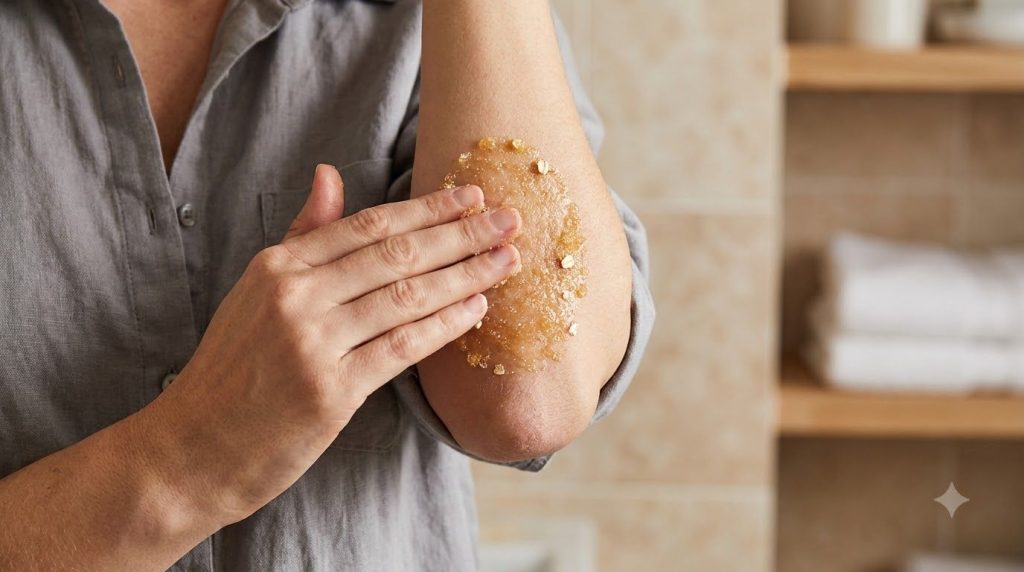 A close-up of a person s elbow with the homemade scrub applied showing the gentle circular motion of application The bac