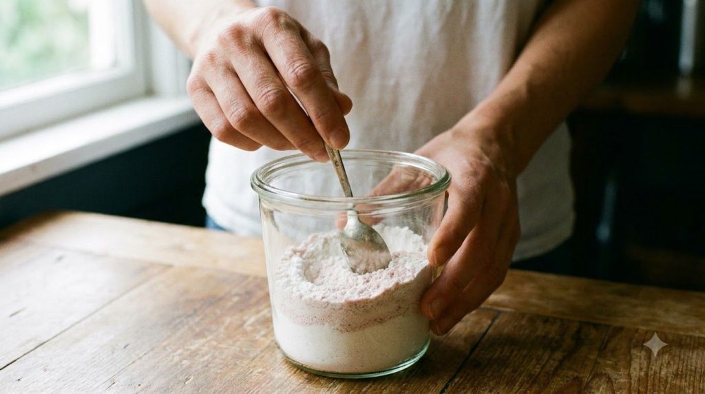 Hands mixing a white powder blend in a clear glass jar with a spoon highlighting the dry ingredients before adding liqui