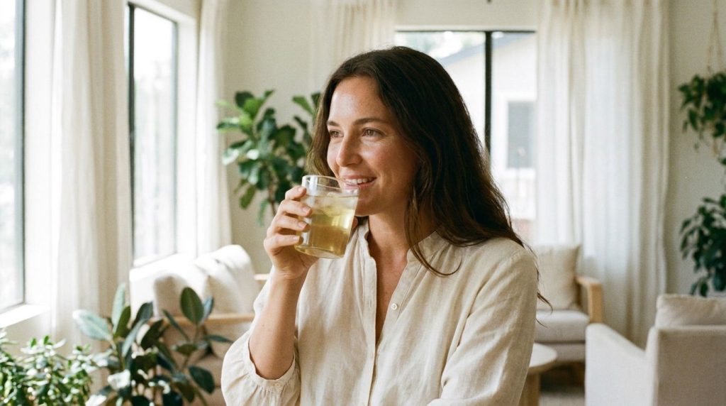 A woman smiling and drinking a glass of the beauty drink showing a healthy and happy expression