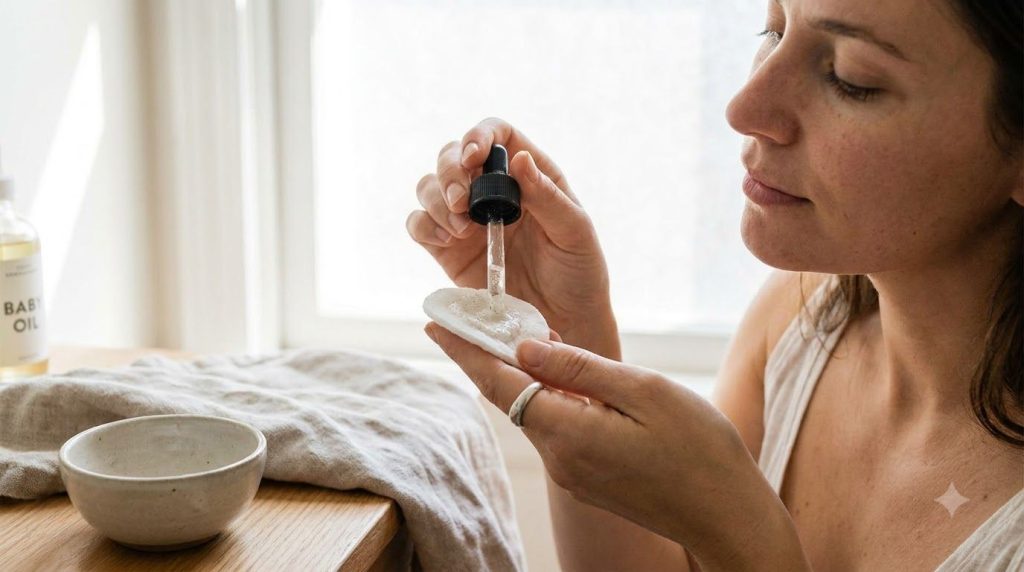A woman s hand gently applying a thin layer of the aspirin and baby oil mask to her cheek showing the careful applicatio