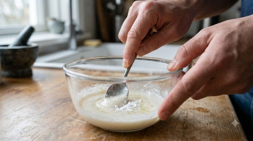 Hands gently mixing crushed white aspirin powder with clear baby oil in a small bowl to form a paste highlighting the sm