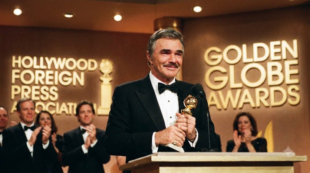 Burt Reynolds accepting his Golden Globe award for Boogie Nights at the ceremony looking proud and emotional