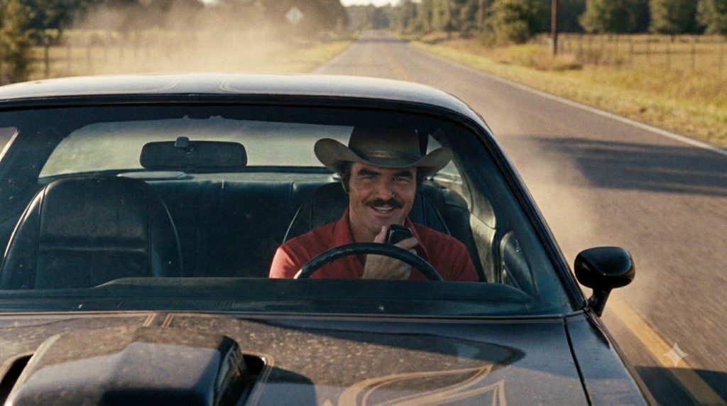 A vintage still from the movie Smokey and the Bandit featuring Burt Reynolds as the Bandit driving the iconic Pontiac Tr