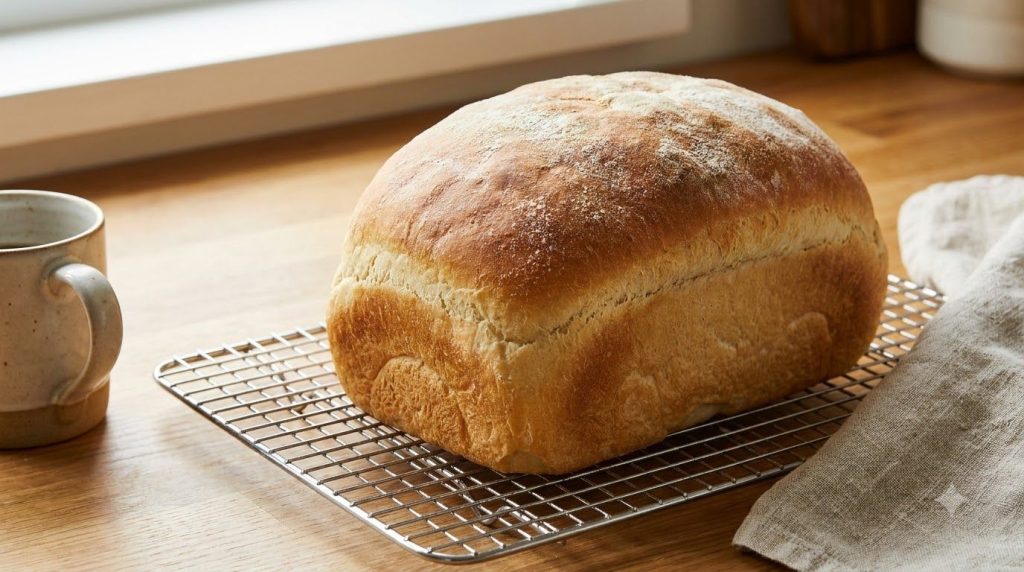 A perfectly baked golden-crusted white bread loaf on a cooling rack with a soft inviting texture