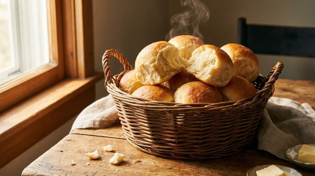 A basket full of golden-brown fluffy potato rolls some split open to show their soft interior They are arranged appealin