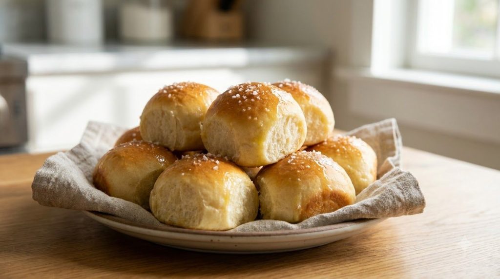 A plate of warm golden-brown buttery soft dinner rolls some with a slight sheen from melted butter arranged invitingly