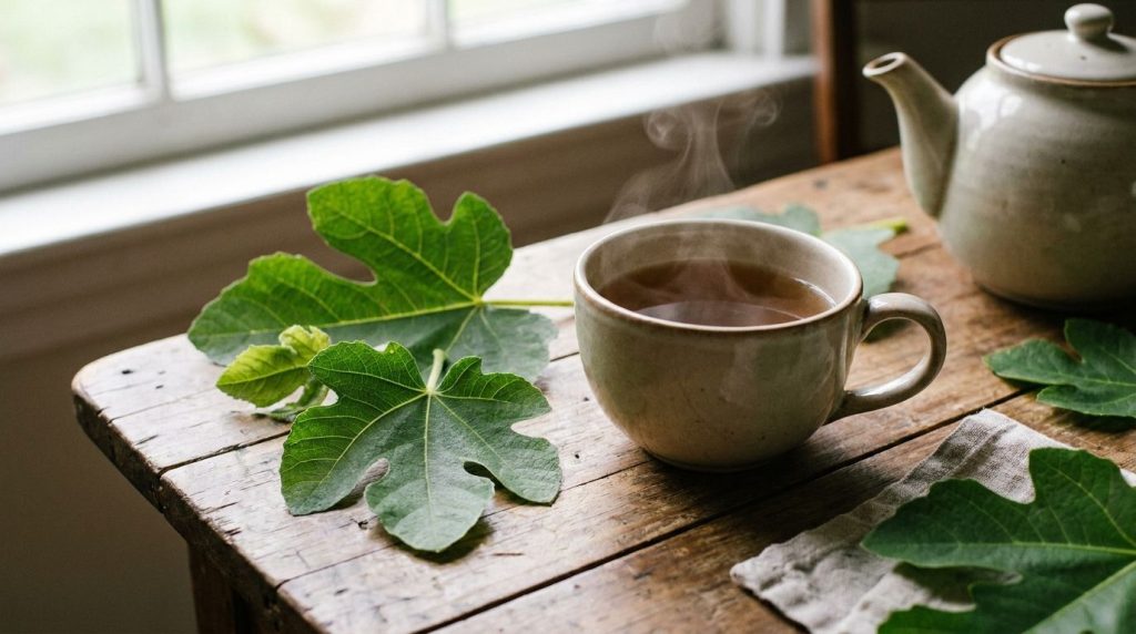 A cup of freshly brewed fig leaf tea steam gently rising with a few fresh fig leaves placed artfully beside it on a wood