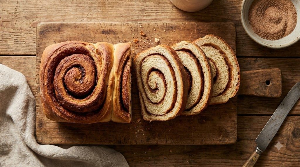 A loaf of soft cinnamon swirl bread sliced to show the beautiful cinnamon sugar spirals within on a wooden board