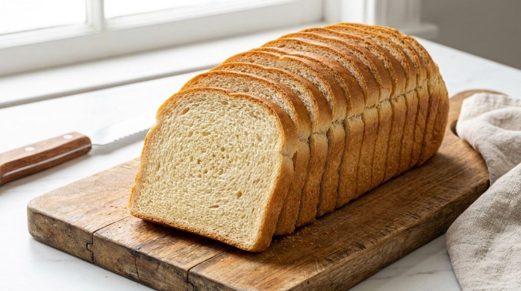 A neatly sliced loaf of soft homemade sandwich bread on a cutting board ready for use The slices are uniform and the tex