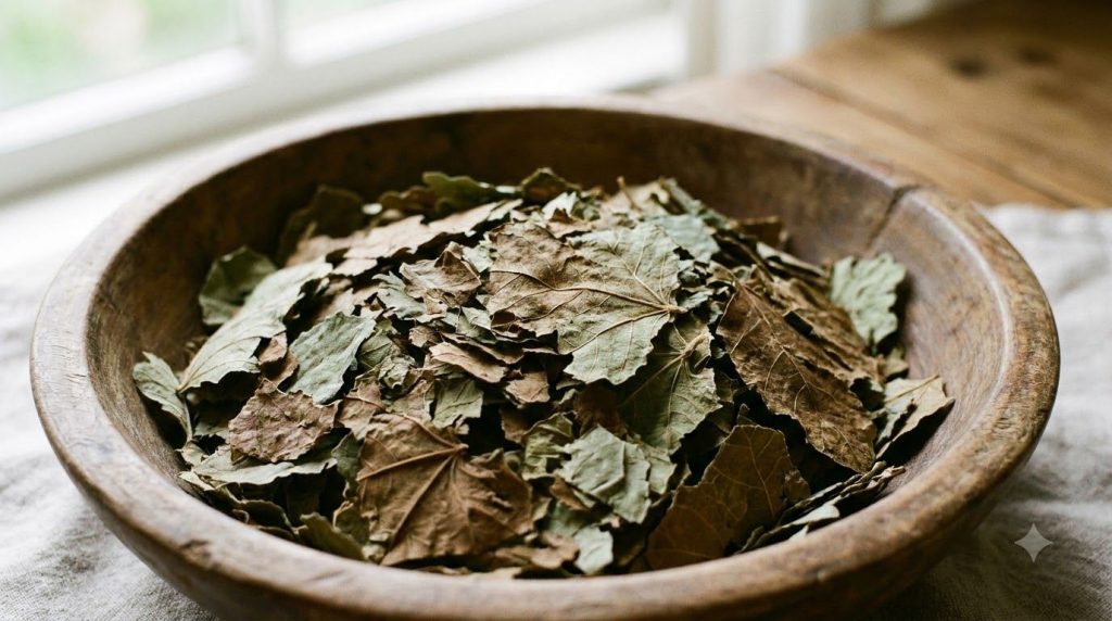 A close-up shot of dried fig leaves possibly crumbled in a small bowl or on a drying rack highlighting their texture and
