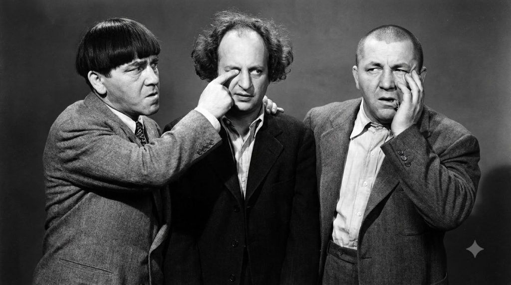 Moe Howard in character with The Three Stooges delivering a classic comedic pose or expression