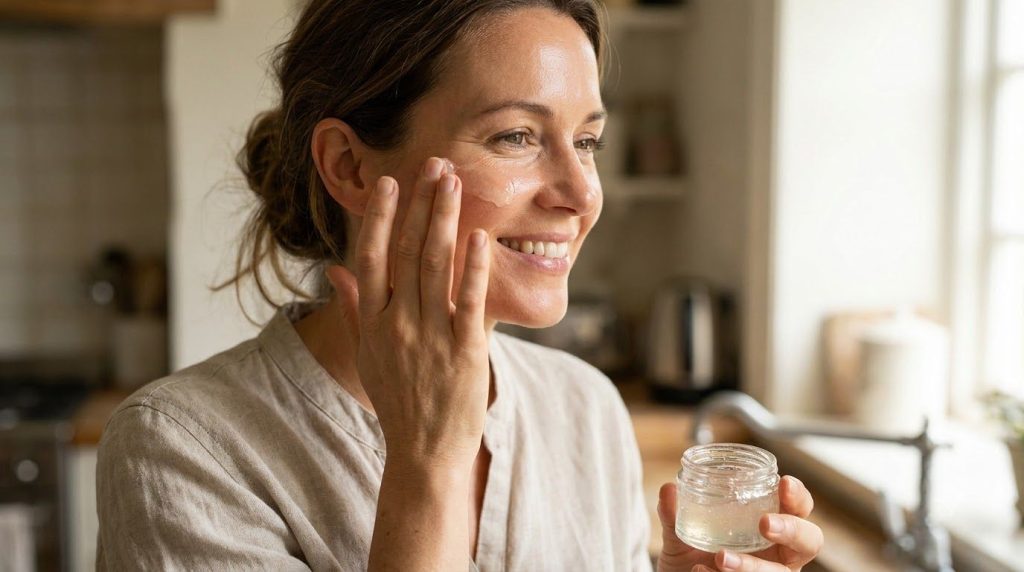 A woman gently massaging the aspirin and baby oil gel onto her face focusing on areas with fine lines with a soft glowin