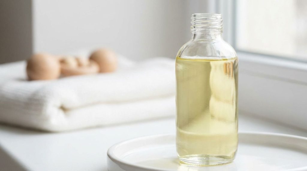 A close-up of a baby oil bottle emphasizing the product with a soft clean background