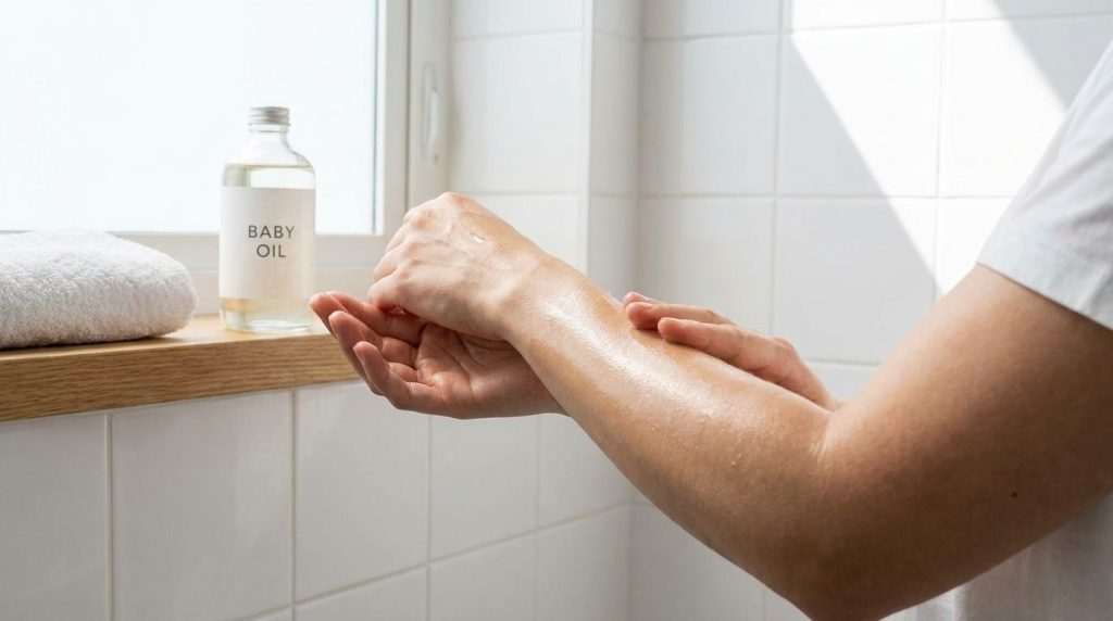 A person applying baby oil to their arm or leg for body moisturization showing smooth hydrated skin
