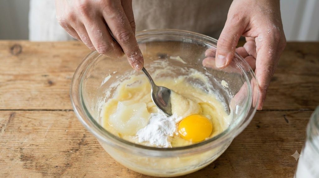 A close-up of hands mixing Vaseline baking soda and egg yolk in a small glass bowl with a spoon forming a creamy yellow 