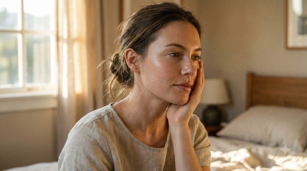 A woman with a fresh radiant complexion gently touching her cheek in soft morning light implying an overnight glow effec