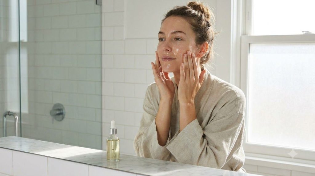 A woman gently massaging a few drops of homemade beauty oil onto her face focusing on her cheeks with a soft glowing com