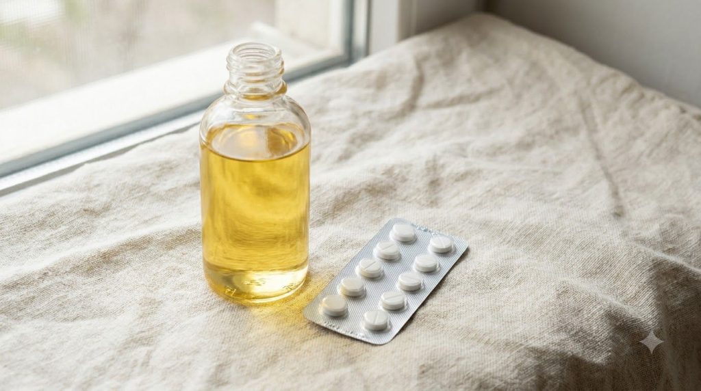 A bottle of baby oil next to a blister pack of aspirin highlighting the two main ingredients for the beauty hack on a so
