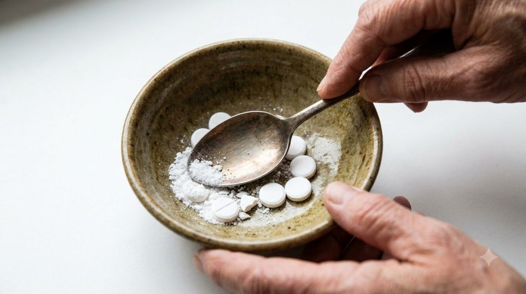 A person crushing aspirin tablets into a fine powder in a small bowl with a spoon demonstrating the first step of the re