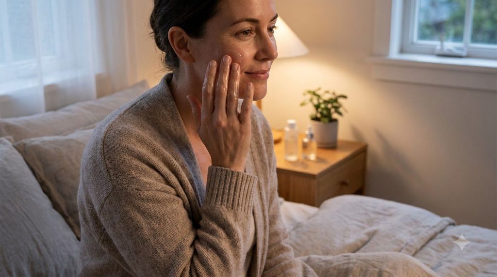 A woman gently applying a small amount of the homemade gel to her clean face before bed with soft serene lighting