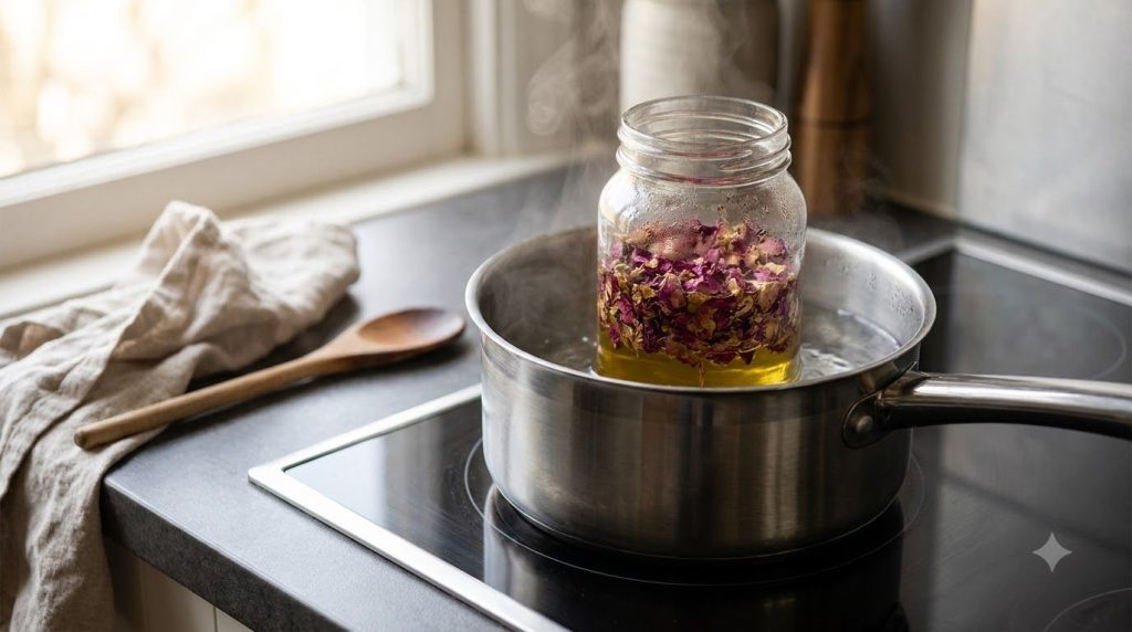 A clear glass jar containing baby oil and dried rose petals infusing in a warm water bath on a stovetop