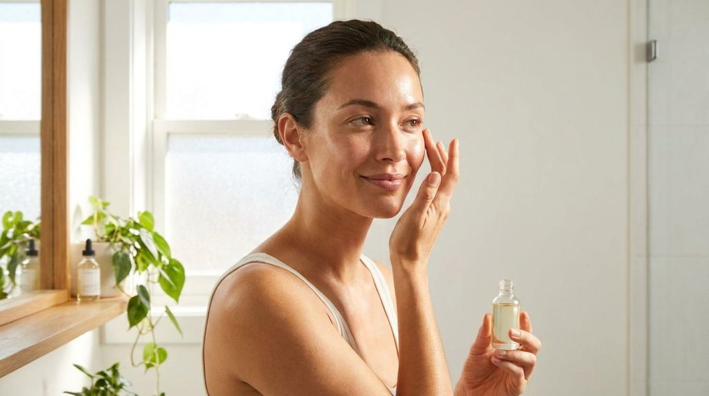 A woman gently patting infused baby oil onto her face focusing on her cheeks and forehead with a soft glow on her skin