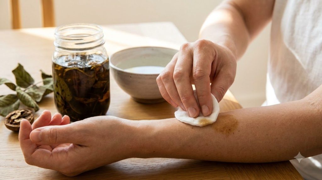 A person s hand gently applying walnut leaf infusion to a small patch of skin with a cotton pad demonstrating a practica