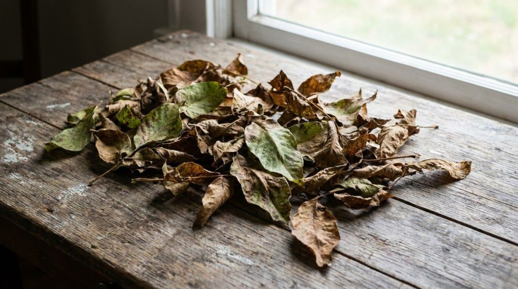 A pile of dried slightly curled walnut leaves on a wooden surface ready for use in a herbal preparation The leaves show