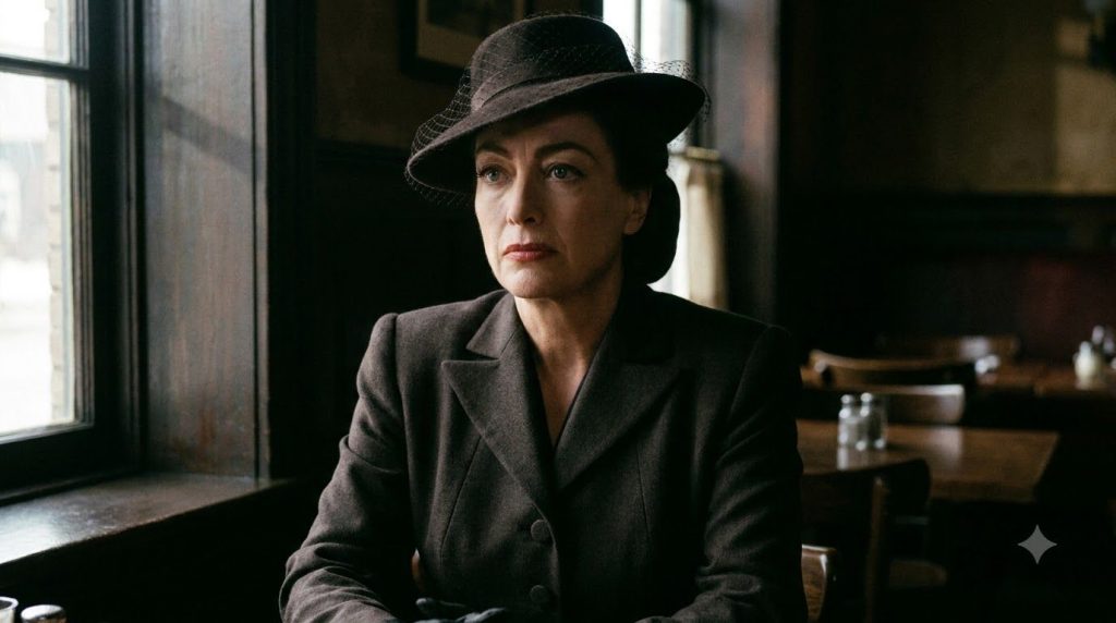 A promotional still of Joan Crawford from the film Mildred Pierce showing her in a dramatic pose typical of her 1940s ro
