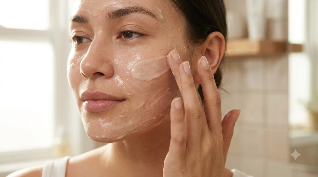 A person s hand gently applying the DIY glass skin paste to their cheek demonstrating the smooth texture of the mask wit