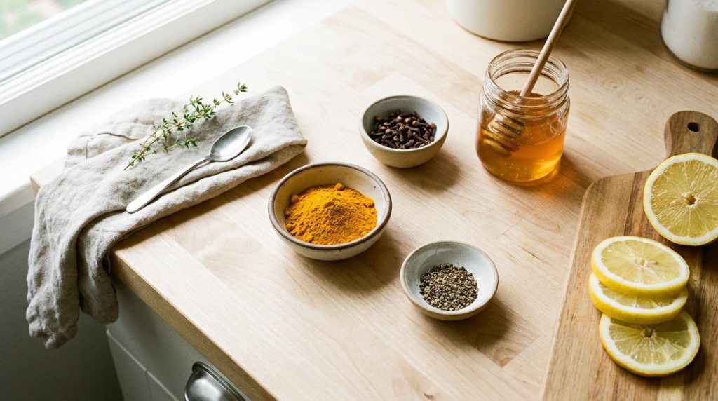 Ingredients for the collagen-boosting drink laid out turmeric powder whole cloves black pepper honey and a lemon