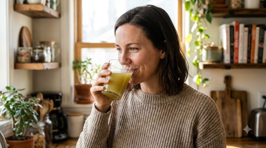 A woman holding and sipping from a clear glass of the yellowish-green turmeric clove drink in a relaxed bright setting