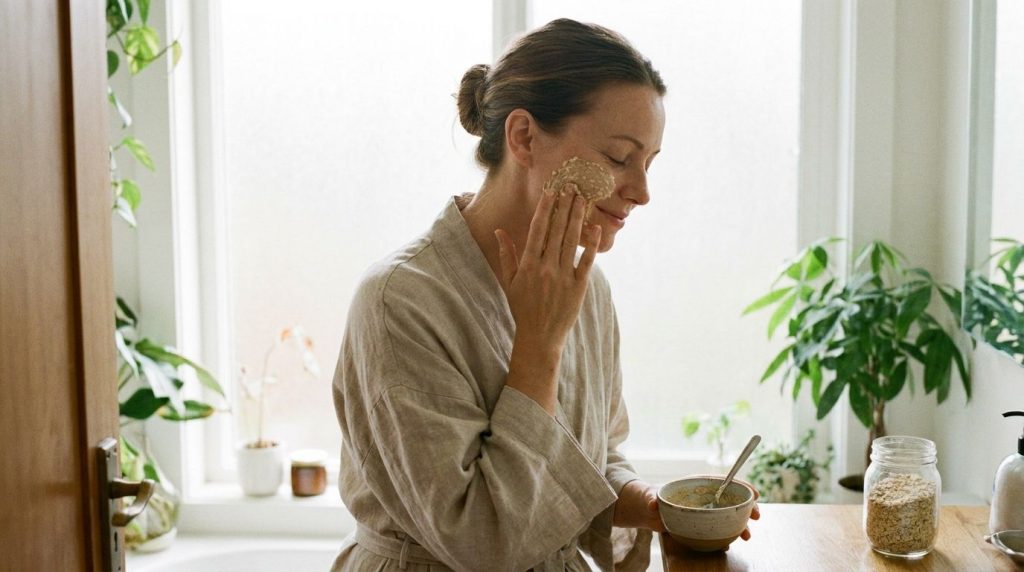 A woman gently applying a homemade mask to her face with her fingertips showing a serene expression in a bathroom settin