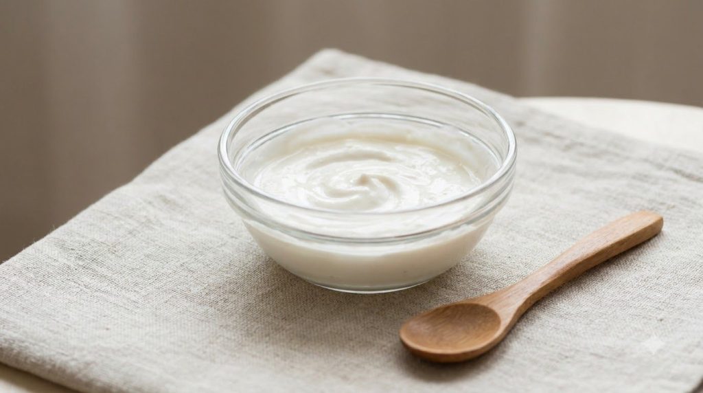 A small glass bowl containing the freshly mixed DIY anti-aging face mask a creamy white paste with a mixing spoon beside