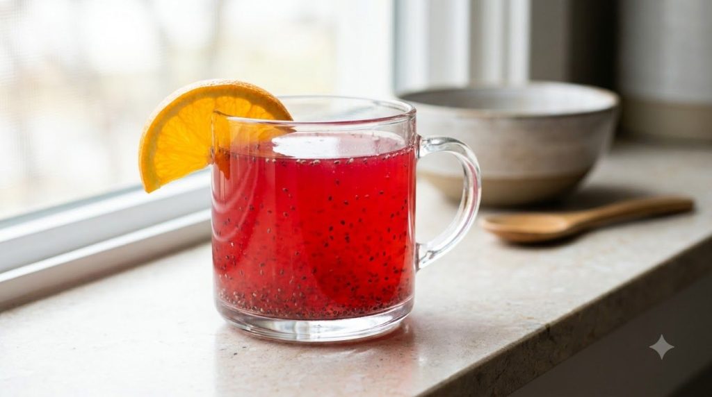 A close-up of a refreshing red collagen drink with chia seeds in a clear glass mug garnished with an orange slice on a m