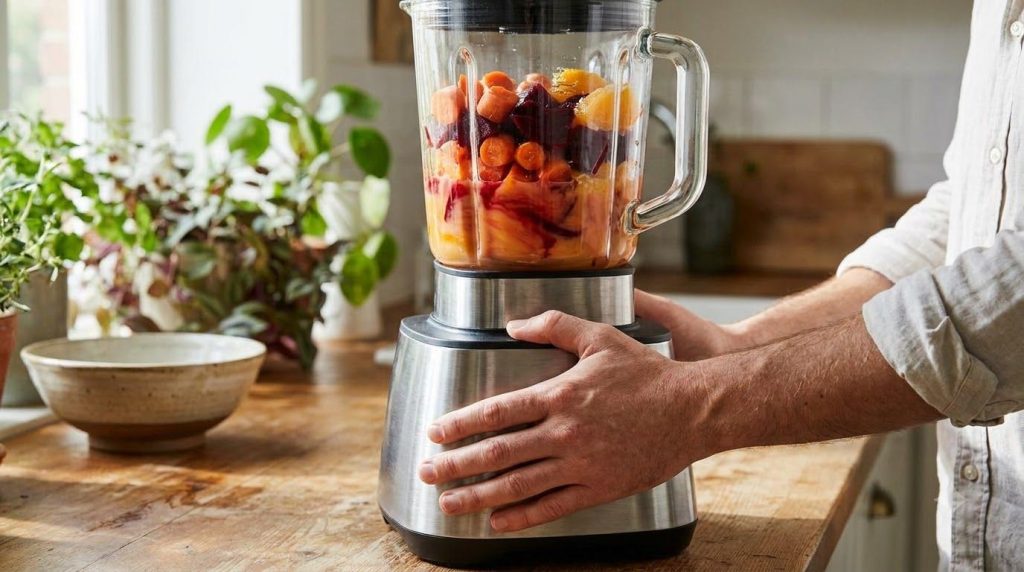 Hands blending chopped carrots beetroot and orange in a blender with water preparing the collagen drink