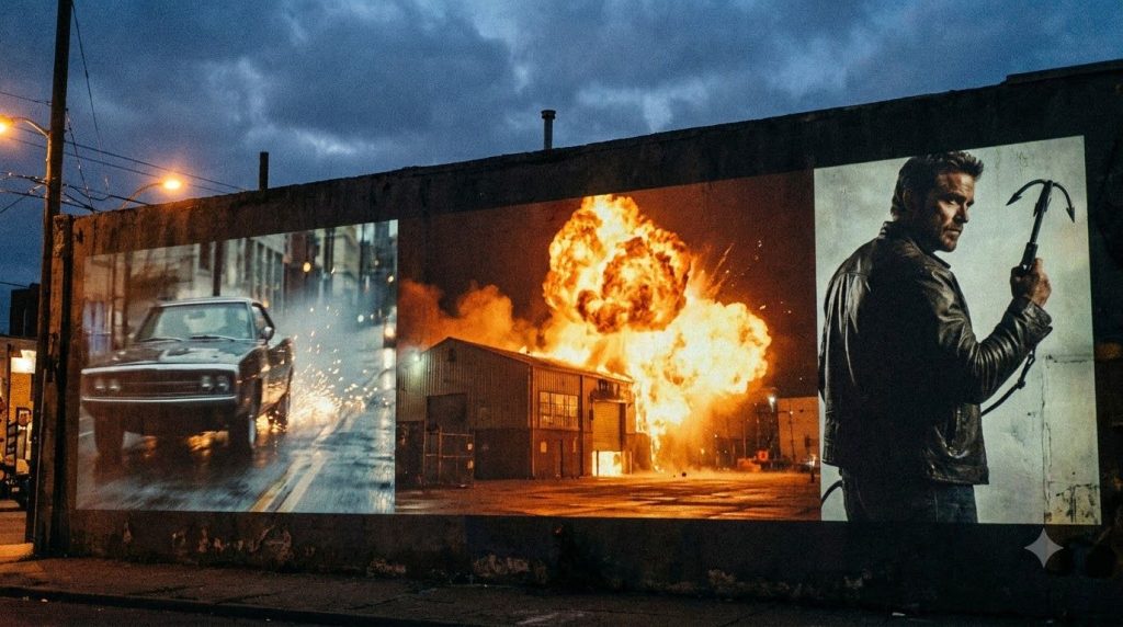 A montage or collage of various iconic action movie scenes from the 1980s and 1990s featuring explosions car chases and