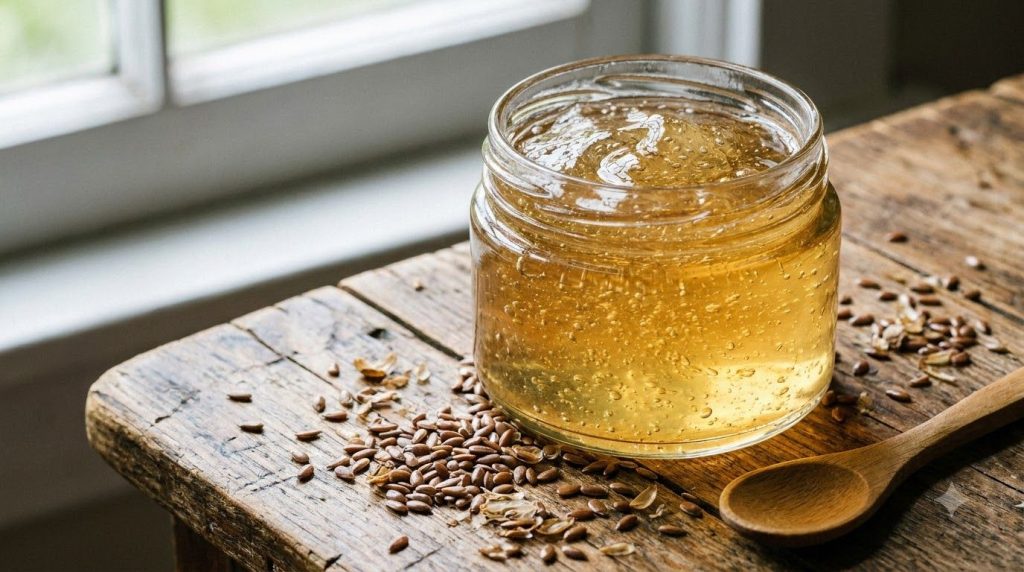 A clear glass jar filled with golden translucent flaxseed gel with some flaxseeds visible in the background or next to i