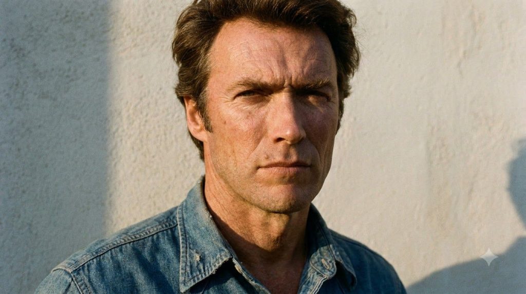 A portrait of Clint Eastwood in his younger years possibly from the 1960s or 70s with his signature squint and rugged lo
