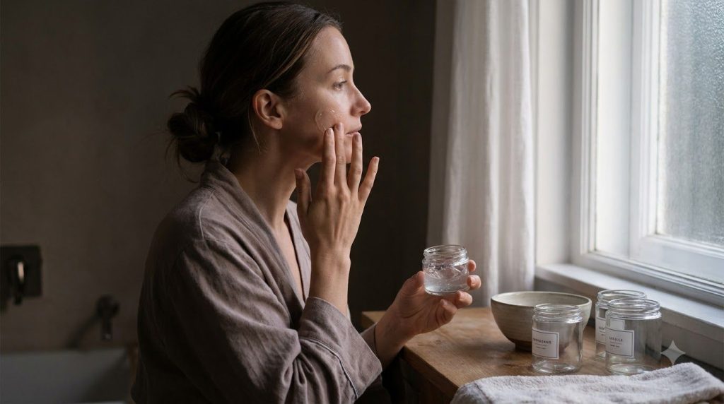 A woman gently applying the homemade overnight collagen gel to her face before bed her skin appearing clean and ready fo
