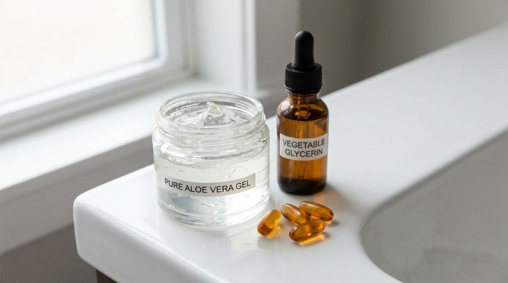 Ingredients for the overnight collagen gel a jar of pure aloe vera gel a small bottle of vegetable glycerin and a few vi