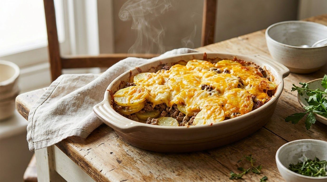A beautifully baked Cheesy Potato and Beef Bake fresh out of the oven with a golden-brown bubbly cheese topping and visi