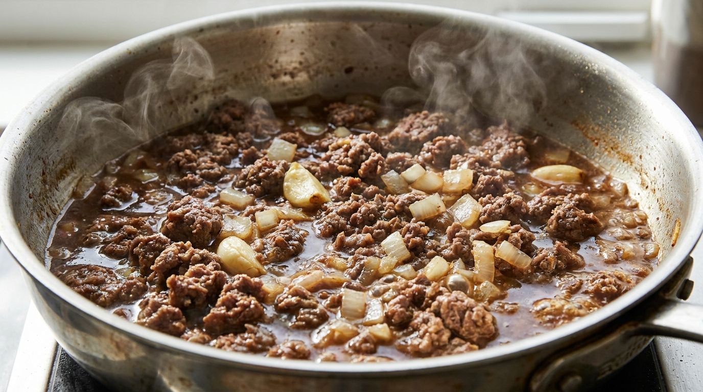 A close-up of browned ground beef with sautéed onions garlic and spices simmering in beef broth in a large stainless ste