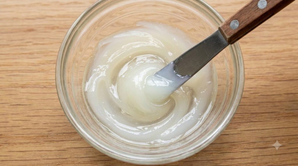 A close-up shot of a small bowl containing Vaseline and Johnson s Baby Oil being mixed together with a spatula or finger