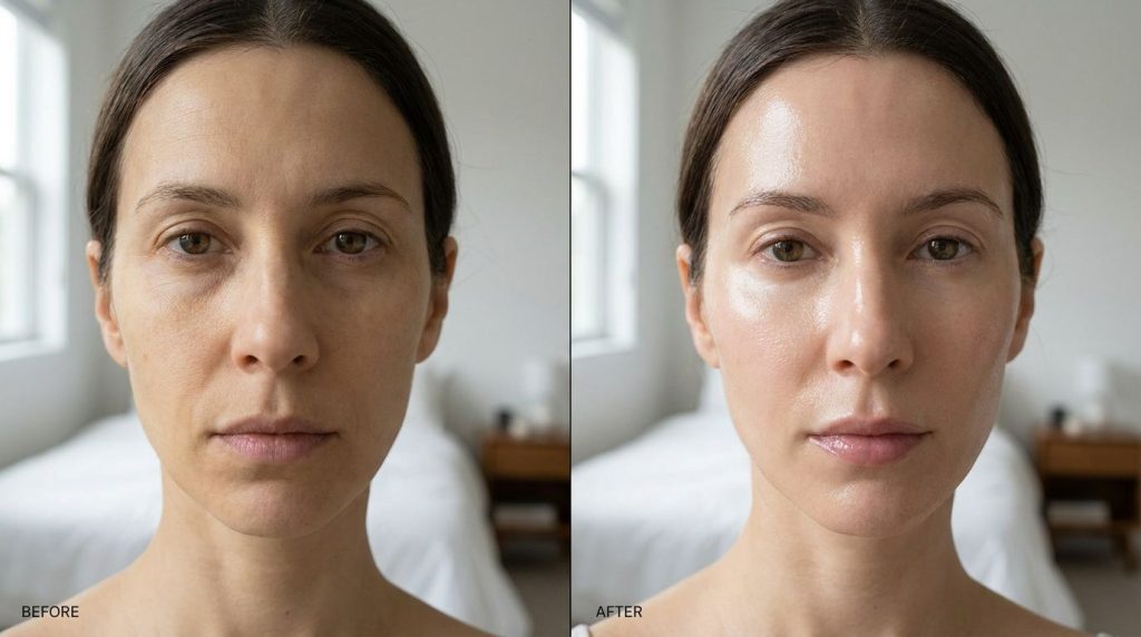 A split image showing a before side with slightly dull dry skin and an after side with visibly more radiant smooth and h