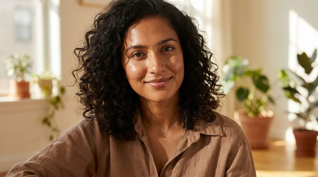 A woman with a clear radiant complexion smiling softly hinting at the positive results of a consistent skincare routine
