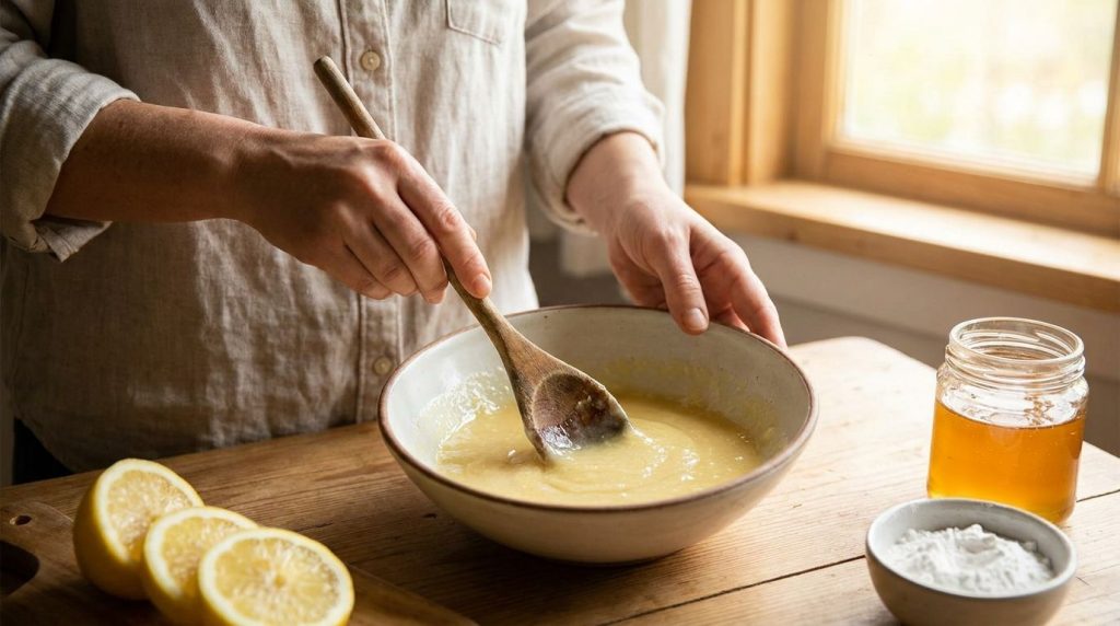 Hands mixing lemon juice honey and rice flour in a small bowl with a wooden spoon to form a smooth paste