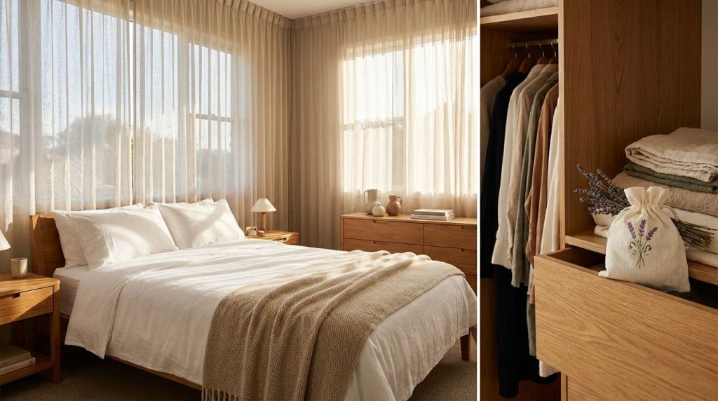 Un dormitorio acogedor y limpio con ropa de cama fresca cortinas suaves muebles de madera pulida y una pequeña bolsita a